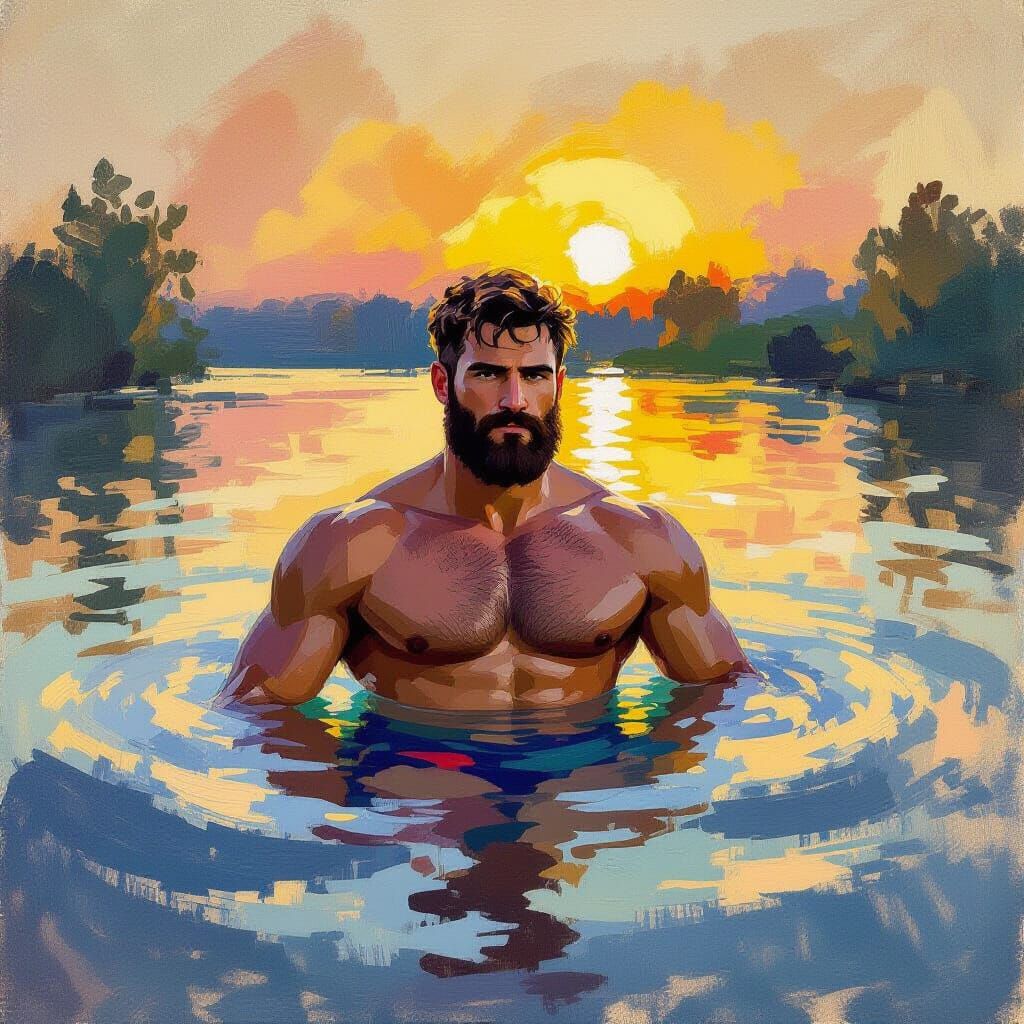 Man Night Swimming in Dreamy Watercolor Dusk