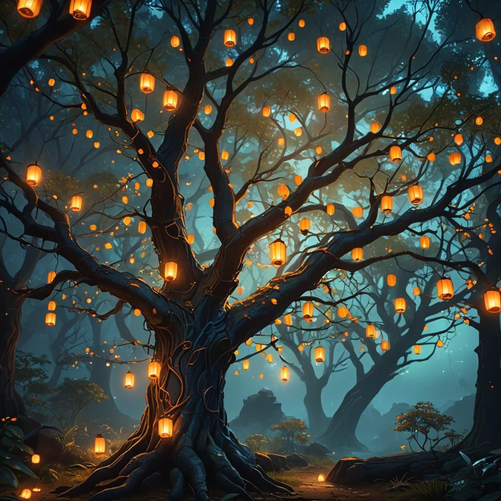 Mystical Lantern Tree in Enchanted Forest: Fauvist Concept A...
