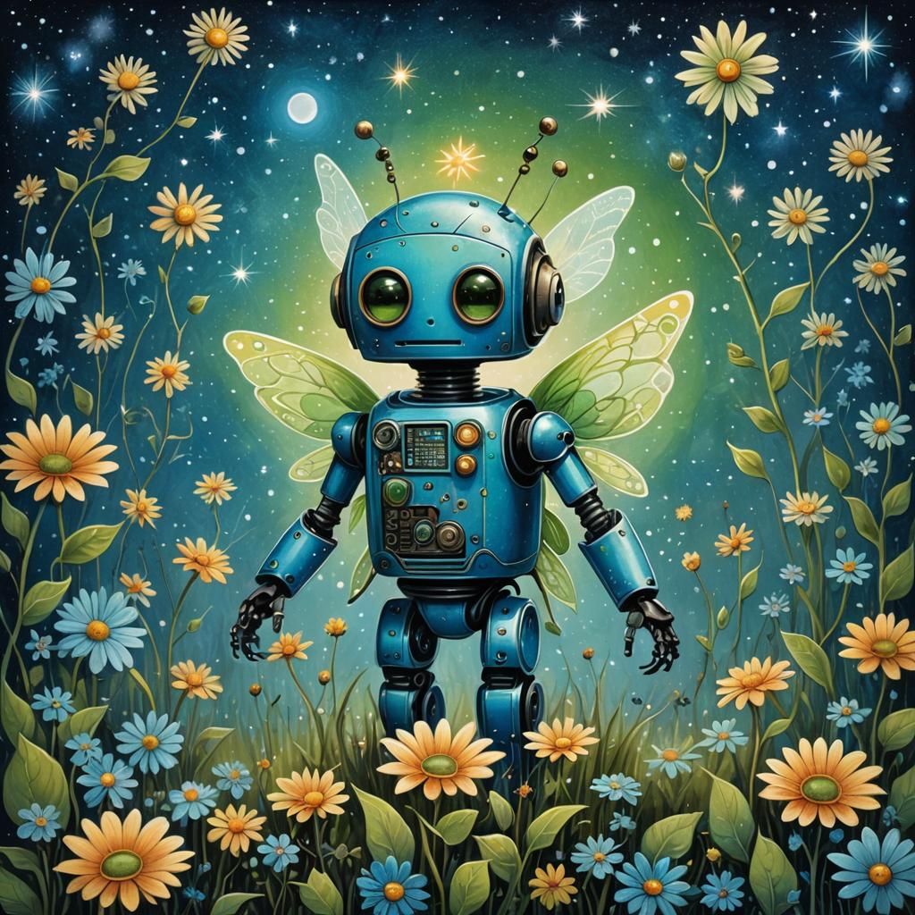 Robot Fairy Growing Magical Flower, Gouache Painting