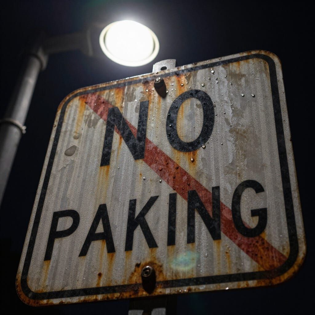 Hyperrealistic Close-Up of a Battered No Parking Sign at Nig...