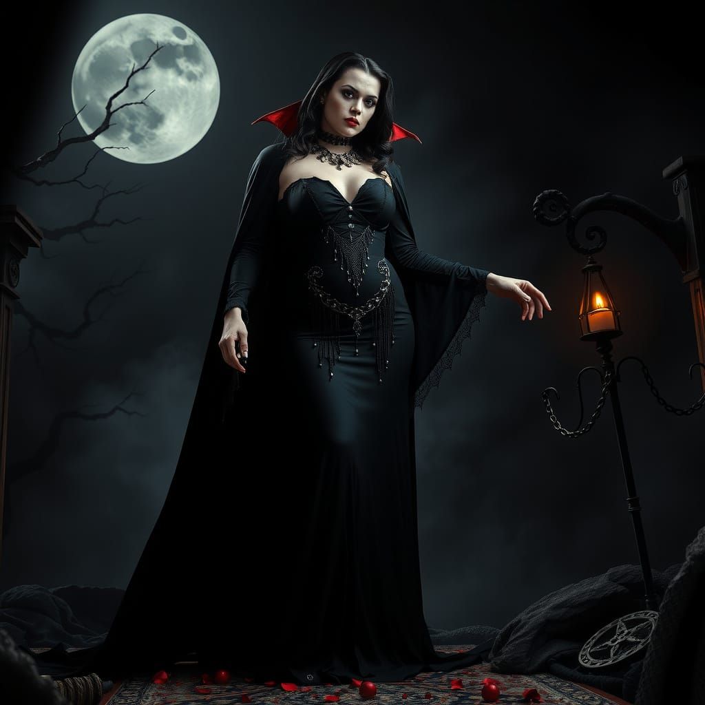Dark Gothic Vampire Queen in Plus Size Black Velvet Gown