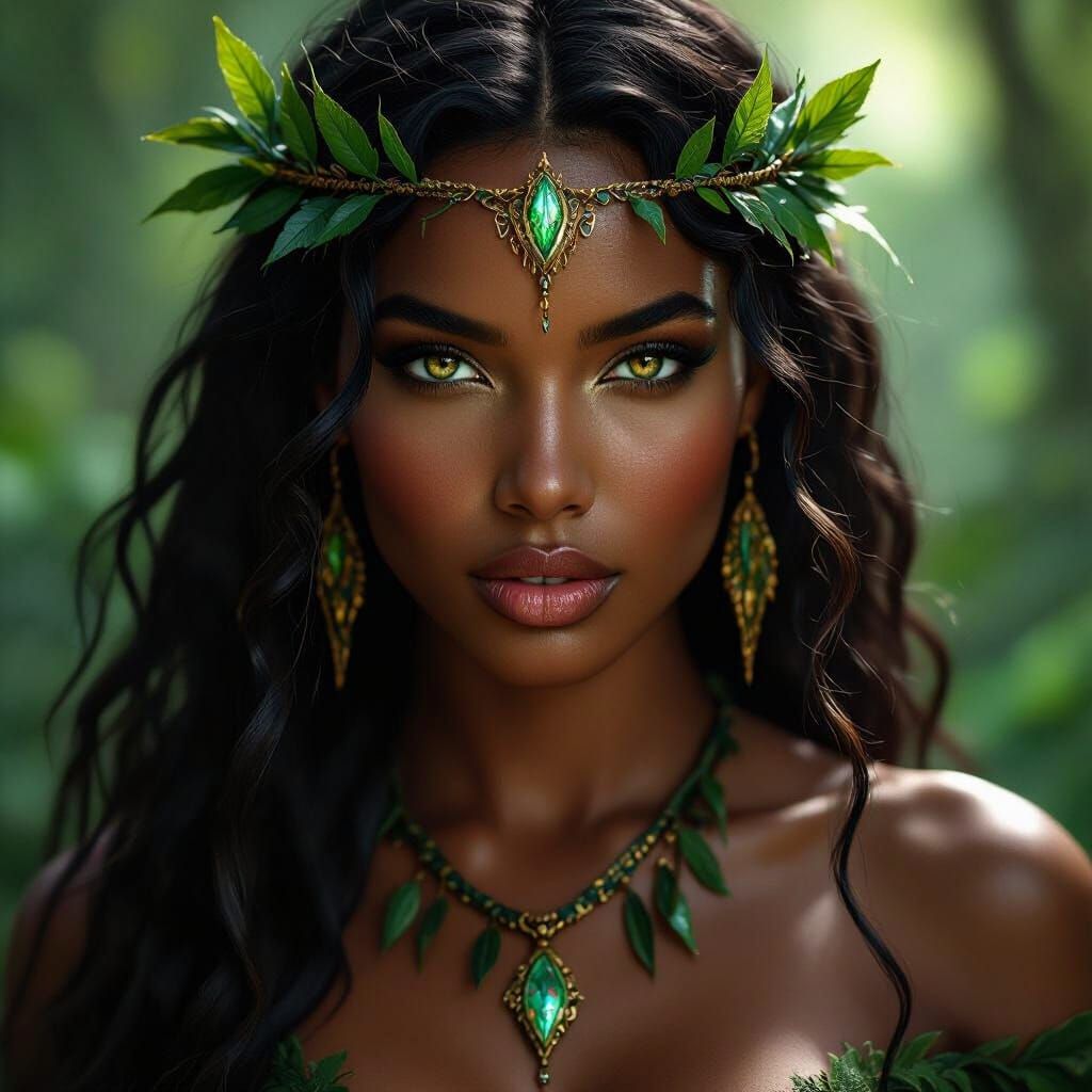 Ebony Nature Goddess, Cinematic Realism, Vibrant Forest