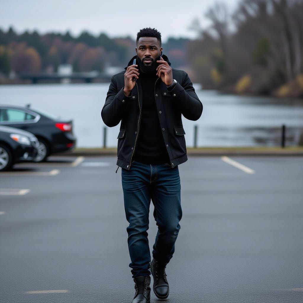 Handsome Black Man Walking in Parking Lot