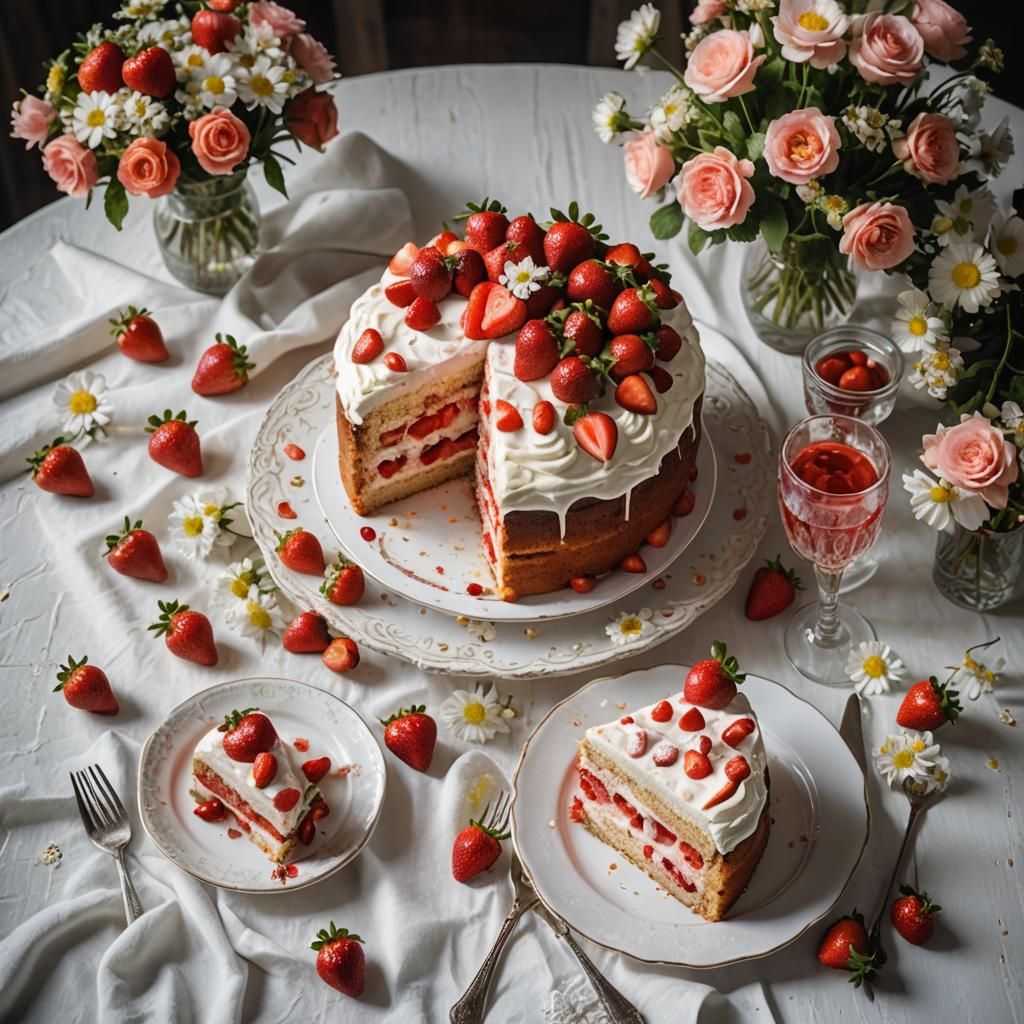 Delicious Strawberry Cake with Strawberry Flower Bouquet