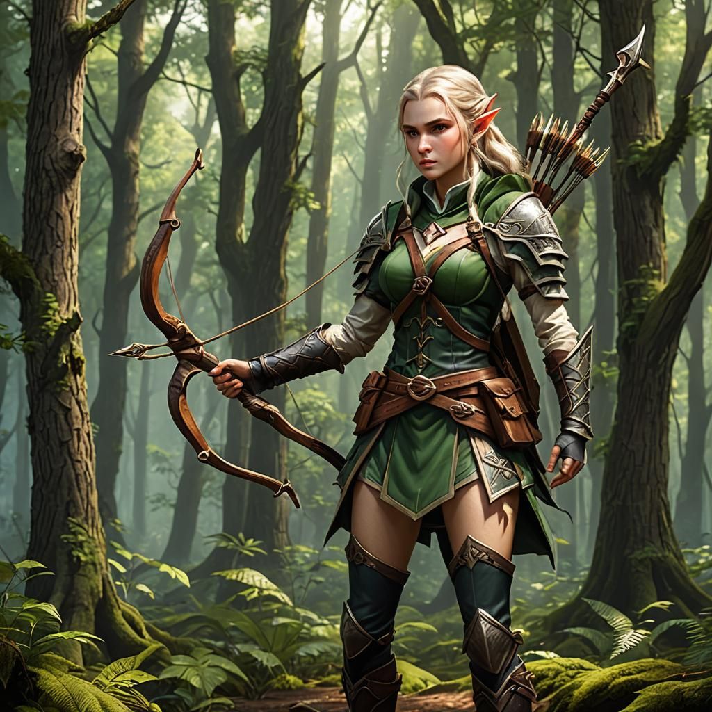 Elf Ranger with Ornate Bow in Enchanted Forest