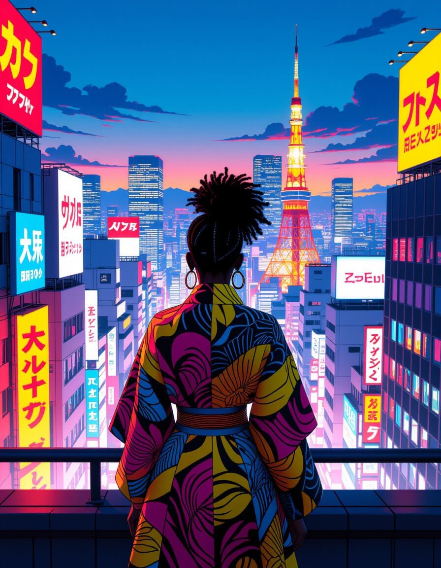 Afrofuturistic Afropunk Gazing Over Tokyo in Cyberpunk Style