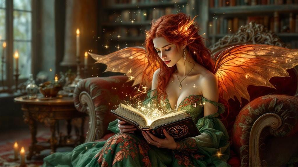 Fae Woman Reading Enchanted Tome in Library