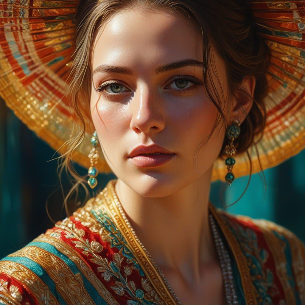 Hyper-Realistic Oil Painting of Woman in Golden Light