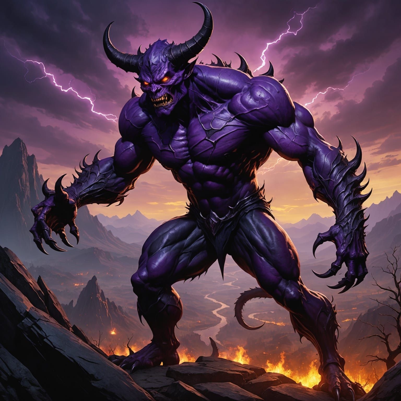 Grotesque Purple Demon in Hellish Landscape