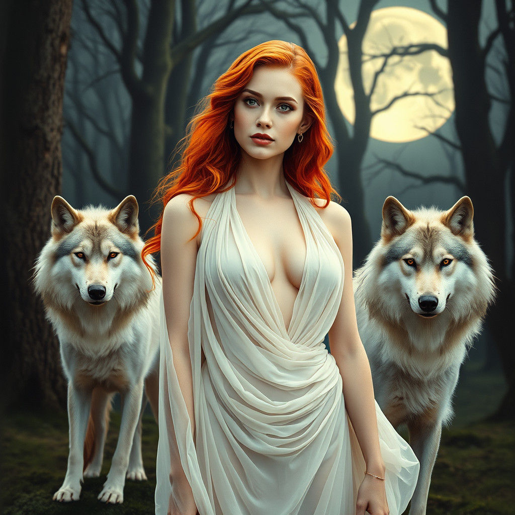 Redhead Woman with Wolves in Art Nouveau Style