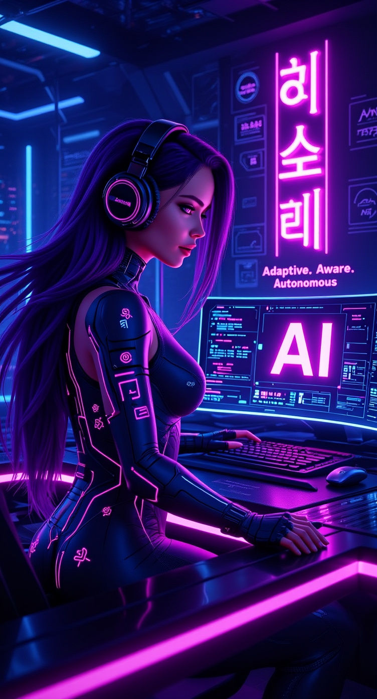 Cyberpunk Woman in Violet: AI Operations Illustration