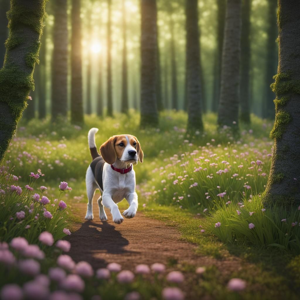 Lemon Beagle Hunting Hare in Clover Meadow, Hyperrealism
