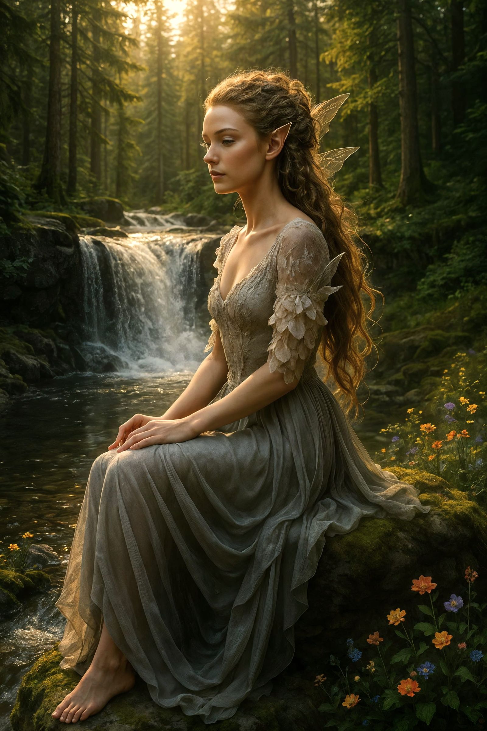 Serene Forest Faerie at Waterfall Precipice