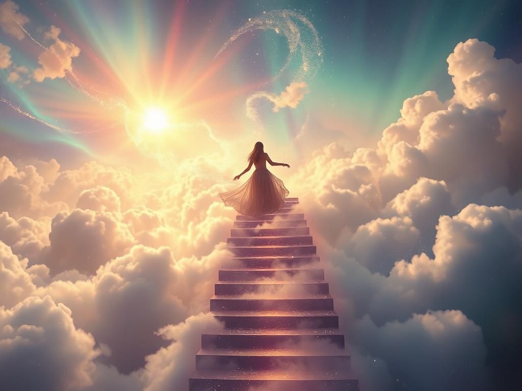 Woman Ascending Celestial Staircase in Astral Style