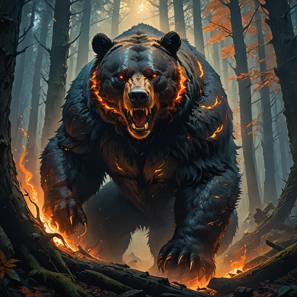 Roaring Fire-Eyed Bear in Mystical Forest