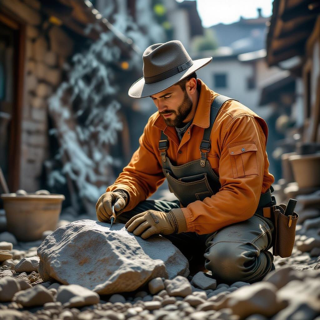 Man Carving Stone with Tools in Ultrarealistic Style