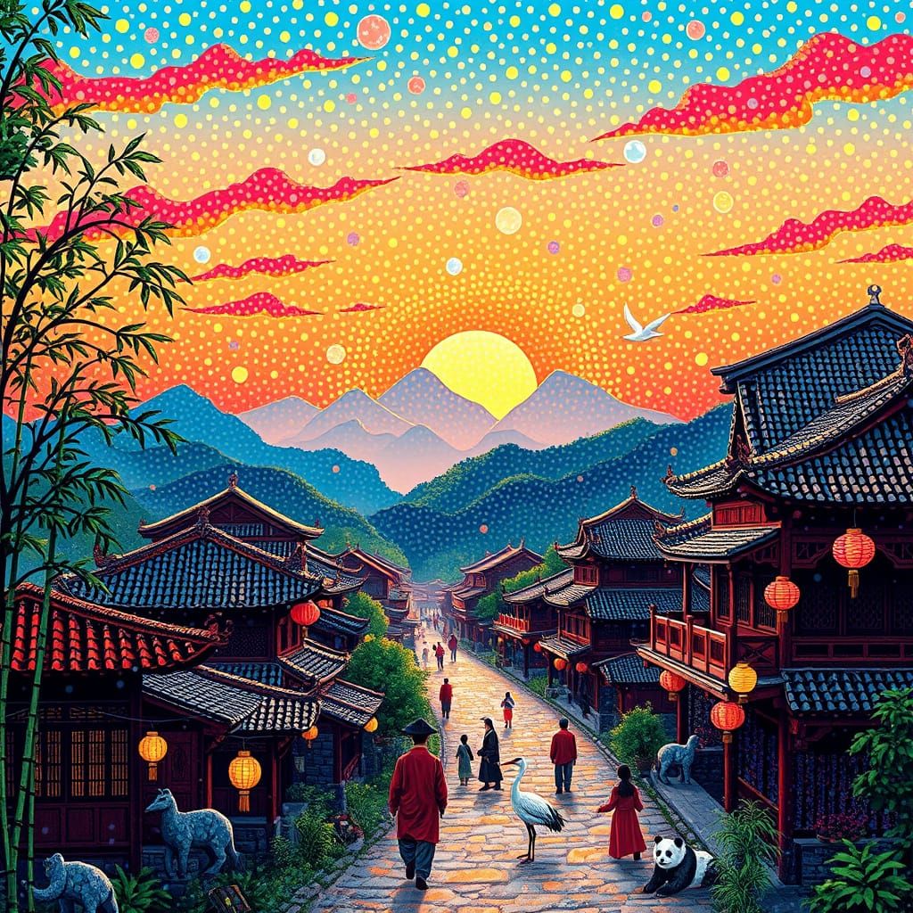 Polka Dot Chinese Village Sunset: Dreamy Landscape Illustrat...