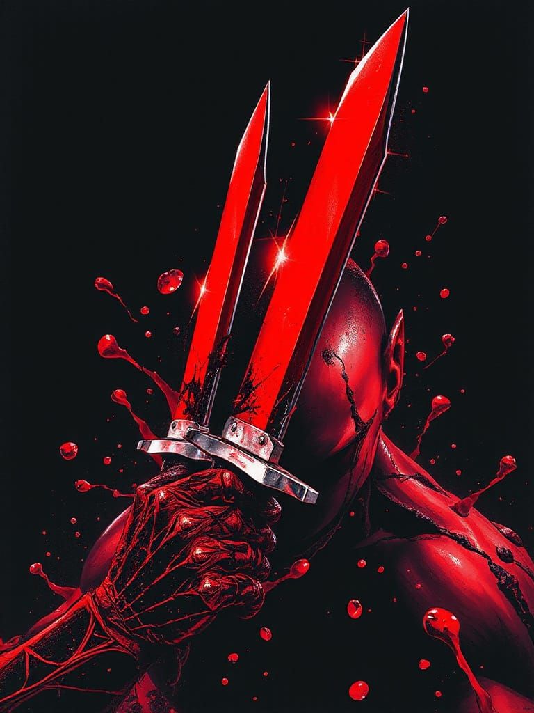 Electric Crimson Blades in Dark Marvel Comic Style