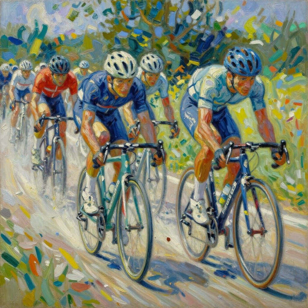 Dynamic Oil Painting of Intense Bicycle Race