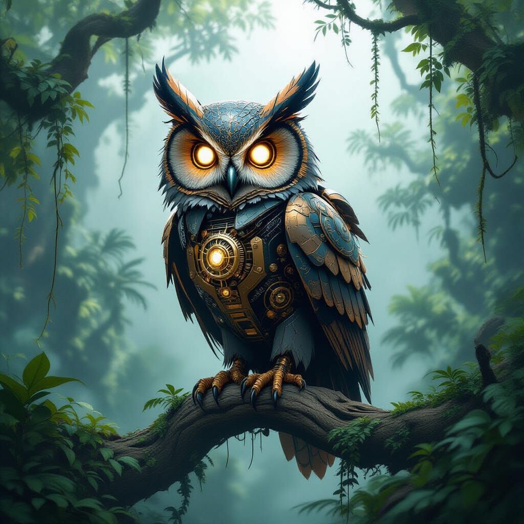Mechanical Owl Perched in Foggy Jungle, Steampunk Concept Ar...