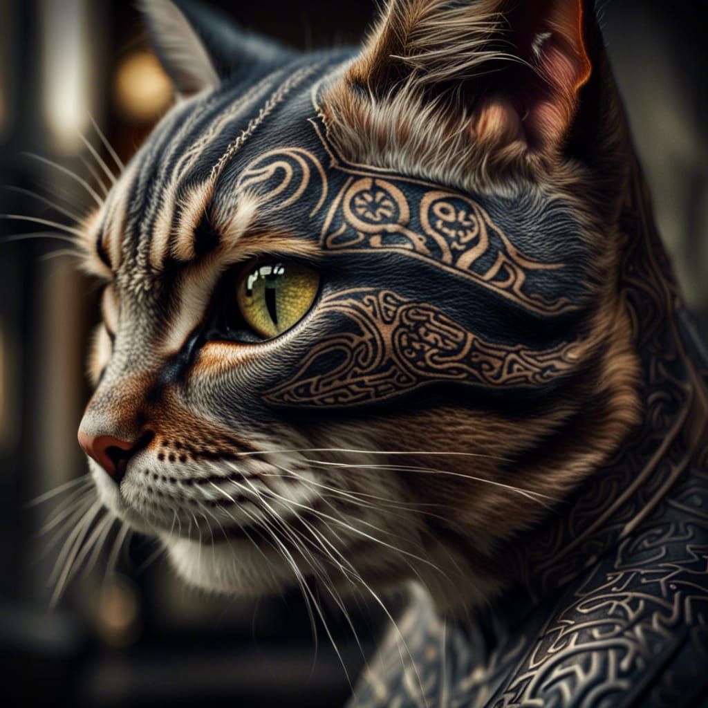 Cat with Viking Tattoo: Hyperrealistic 64MP Image