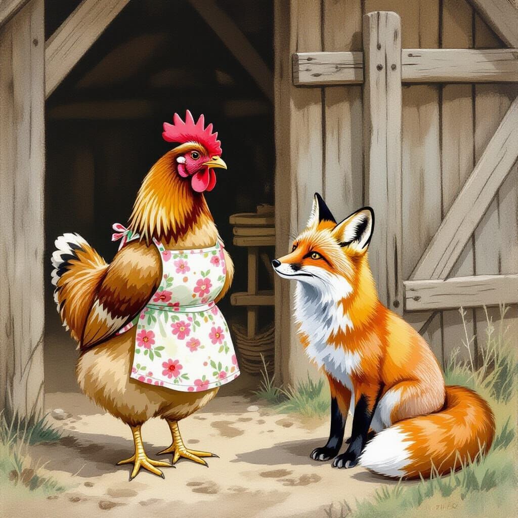 Chicken and Fox in Rustic Barn, Whimsical Illustration Style