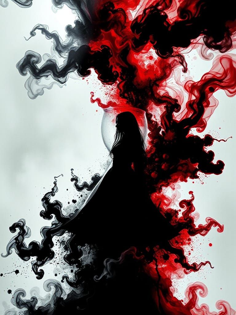 Black Silhouette in Hourglass Amidst Surreal Ink Vortex