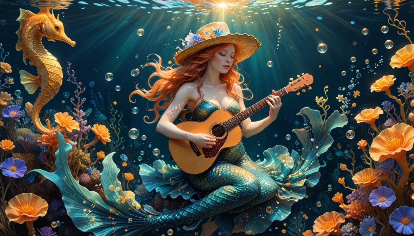 Whimsical Art Nouveau Mermaid Plays Guitar with Sea Creature...
