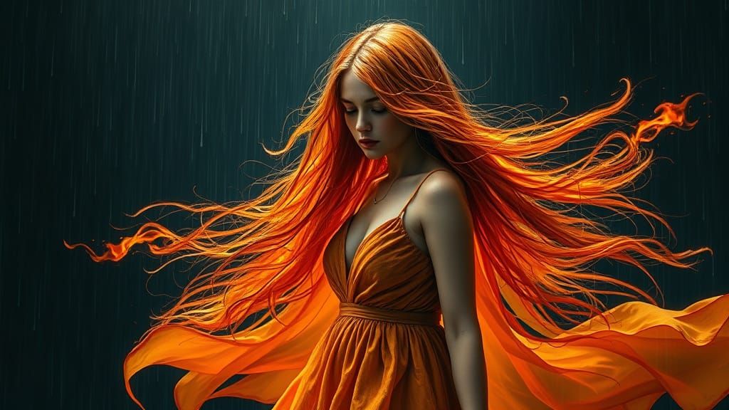 Burning Woman in Rain: A Van Gogh Style Fantasy