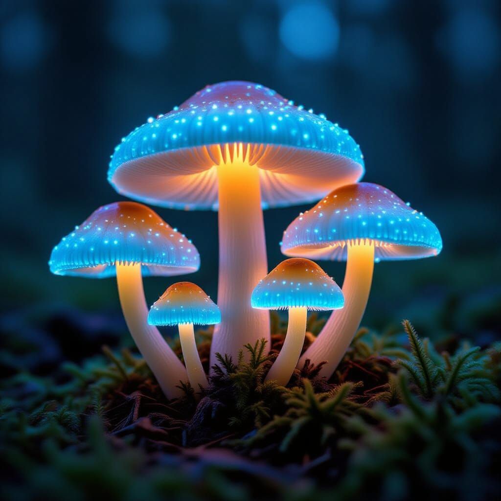 Bioluminescent Mushrooms Glow in Dark Forest