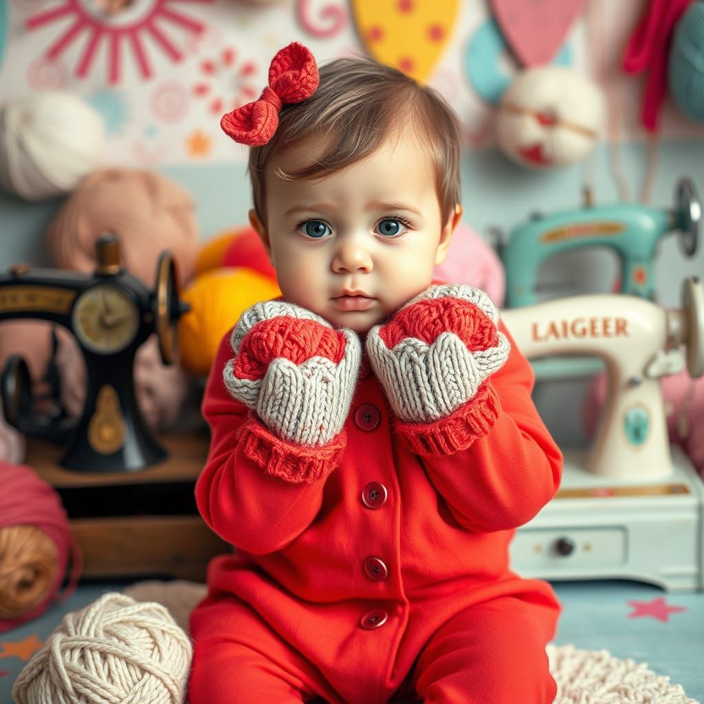 Stylish Infant Model Wears Intricately Knitted Baby Mittens...
