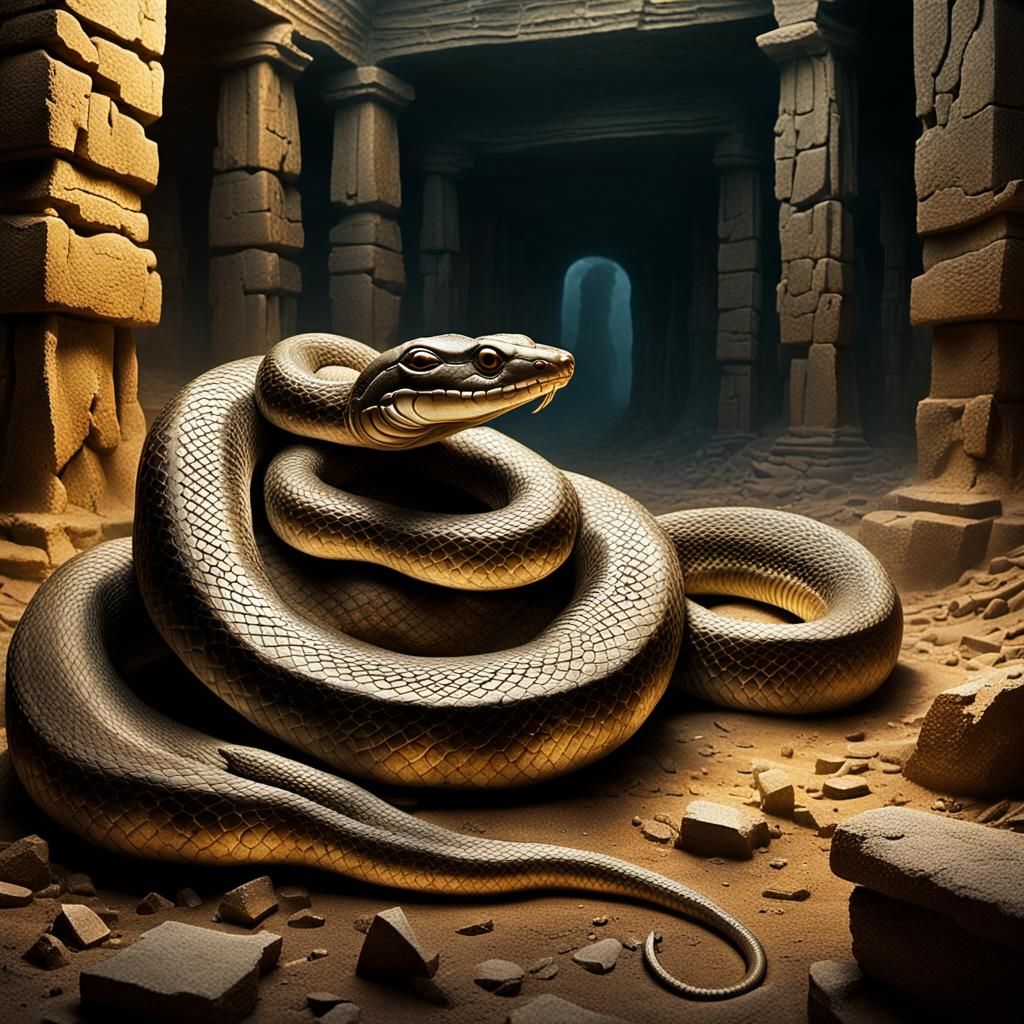 Surreal Snake Guarding Treasures in Abandoned Temple
