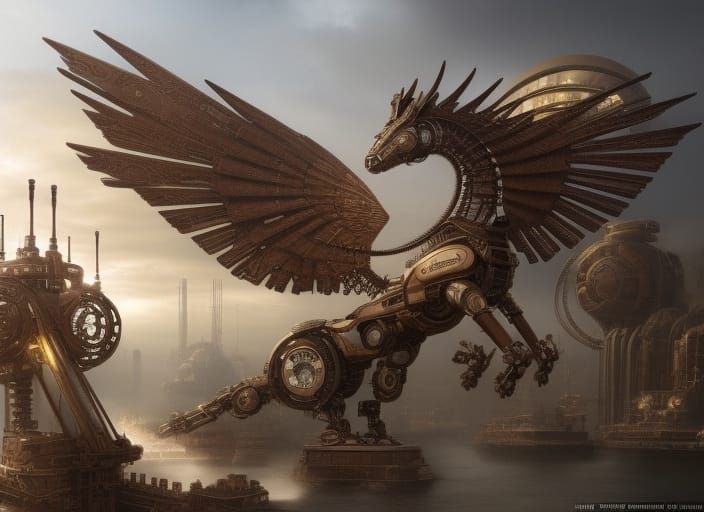 Biomechanical Steampunk Pegasus on Ornate Bridge