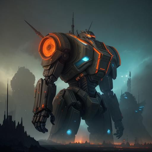 Armored Robot Sentinel in War-Torn Cityscape