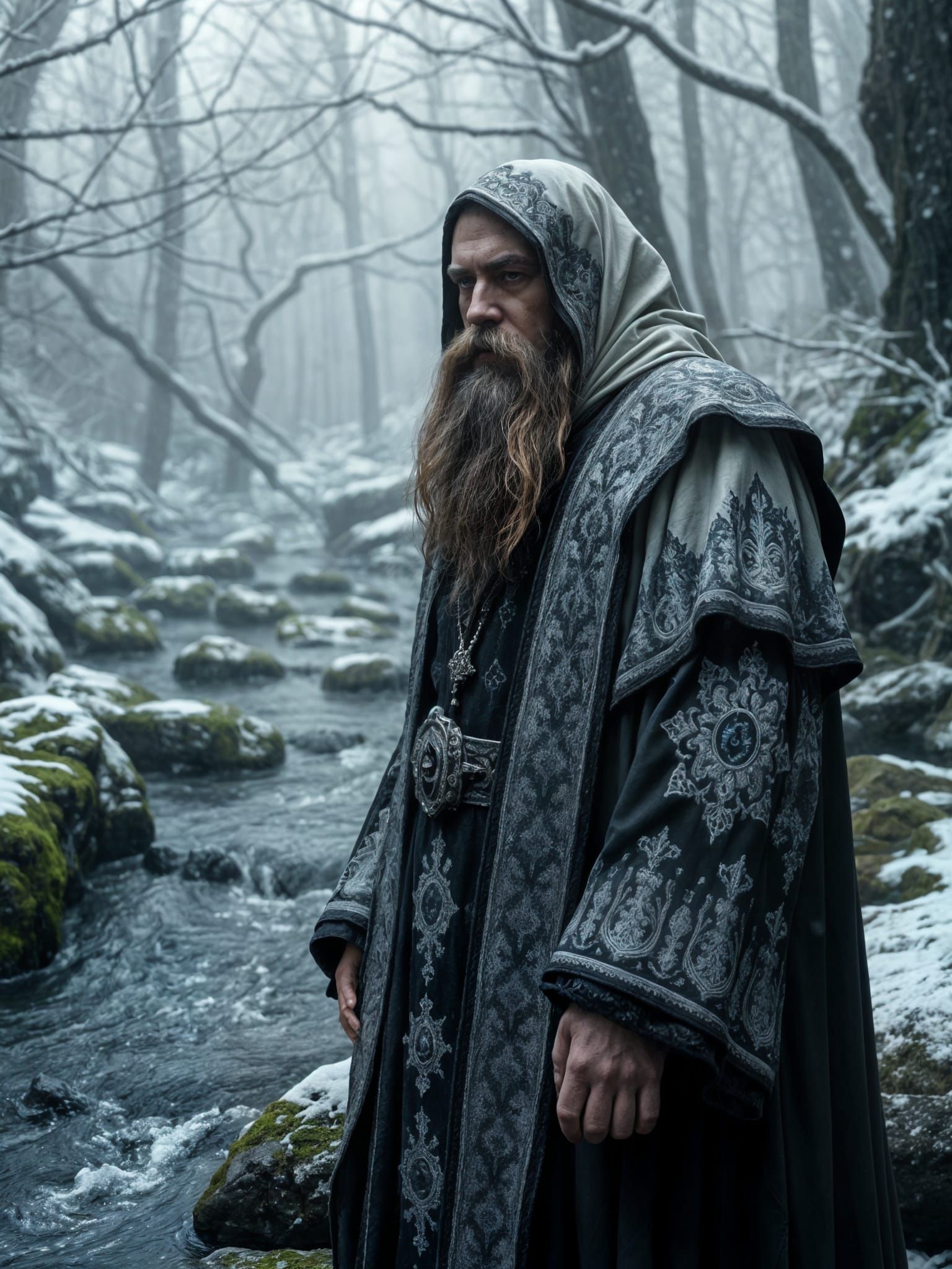 Necromancer in Snowy Forest with Swirling Ice Magic