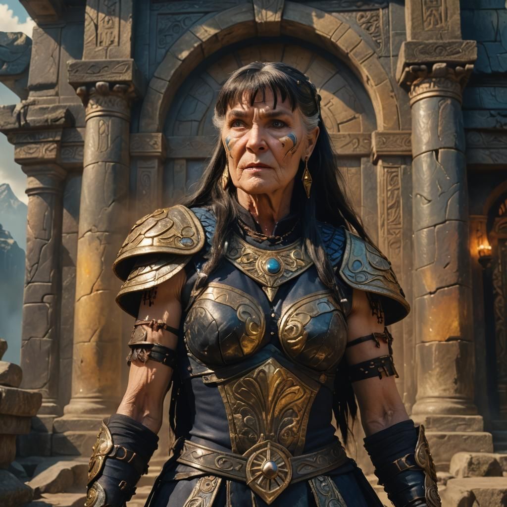 Heroic Transvestite Xena in Ancient Temple, Digital Art