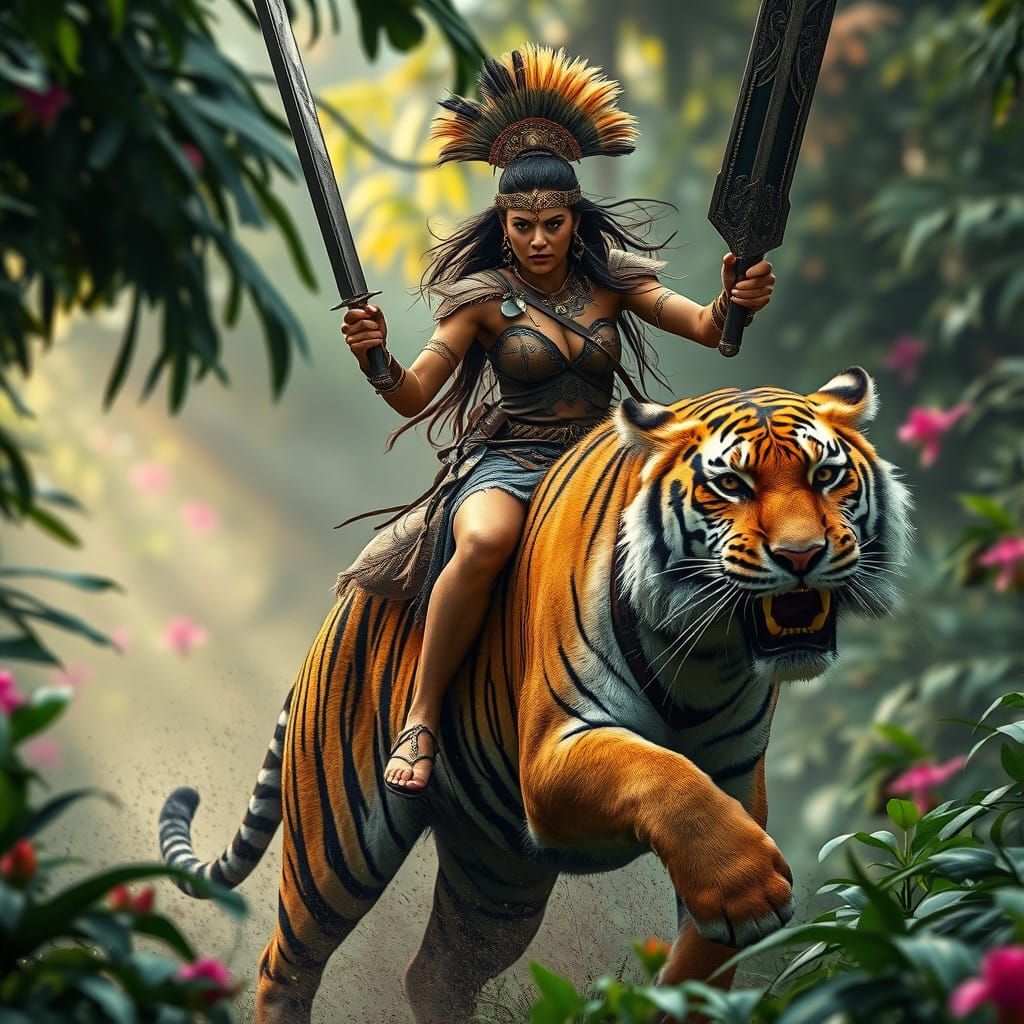 Fierce Amazon Warrior Princess on Golden-Striped Tiger in Ju...