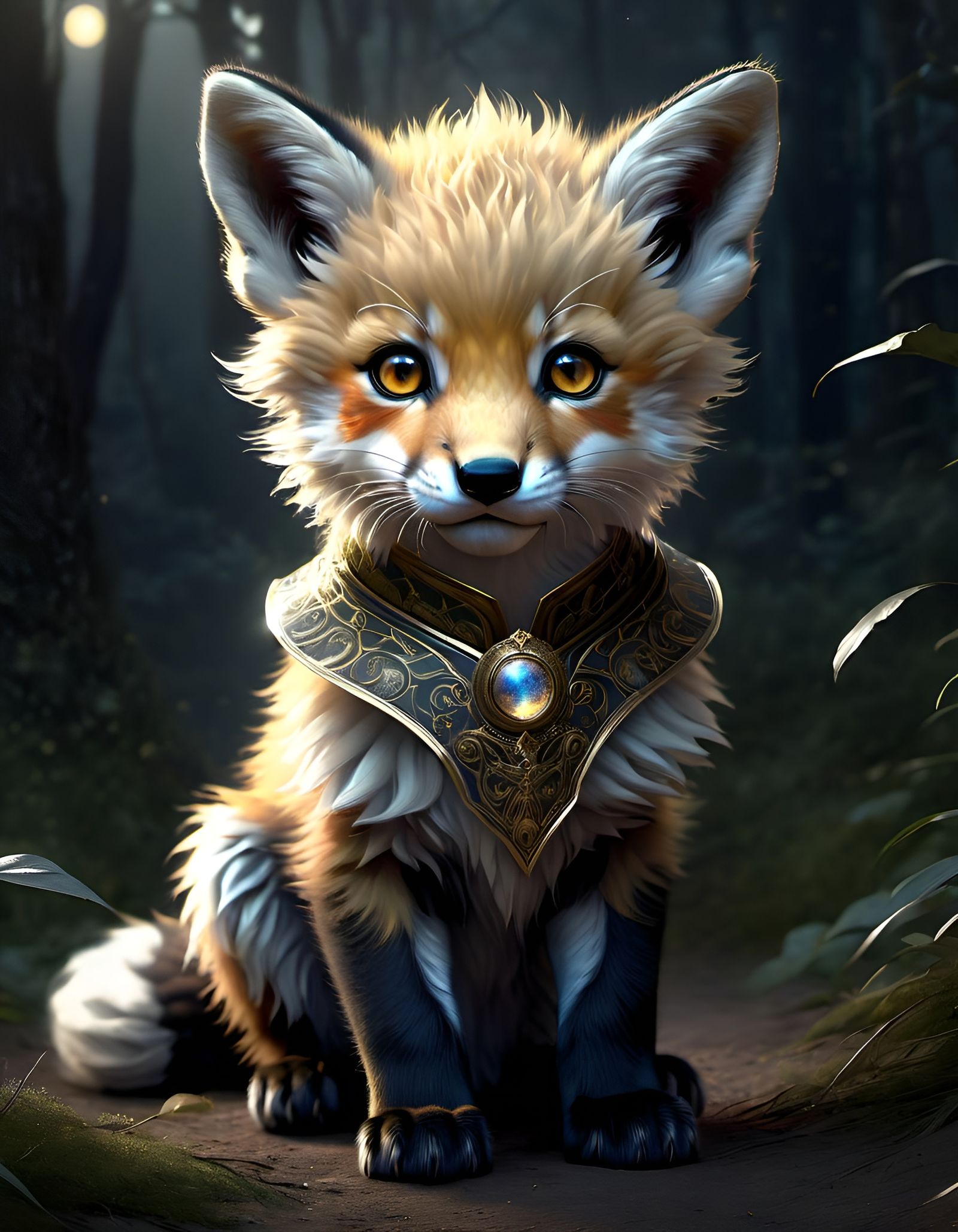 Moonlit Chibi Fox-Lion Cub in Digital Illustration