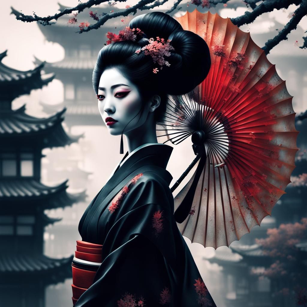 Photorealistic Cyborg Geisha with Abstract Leaf Background