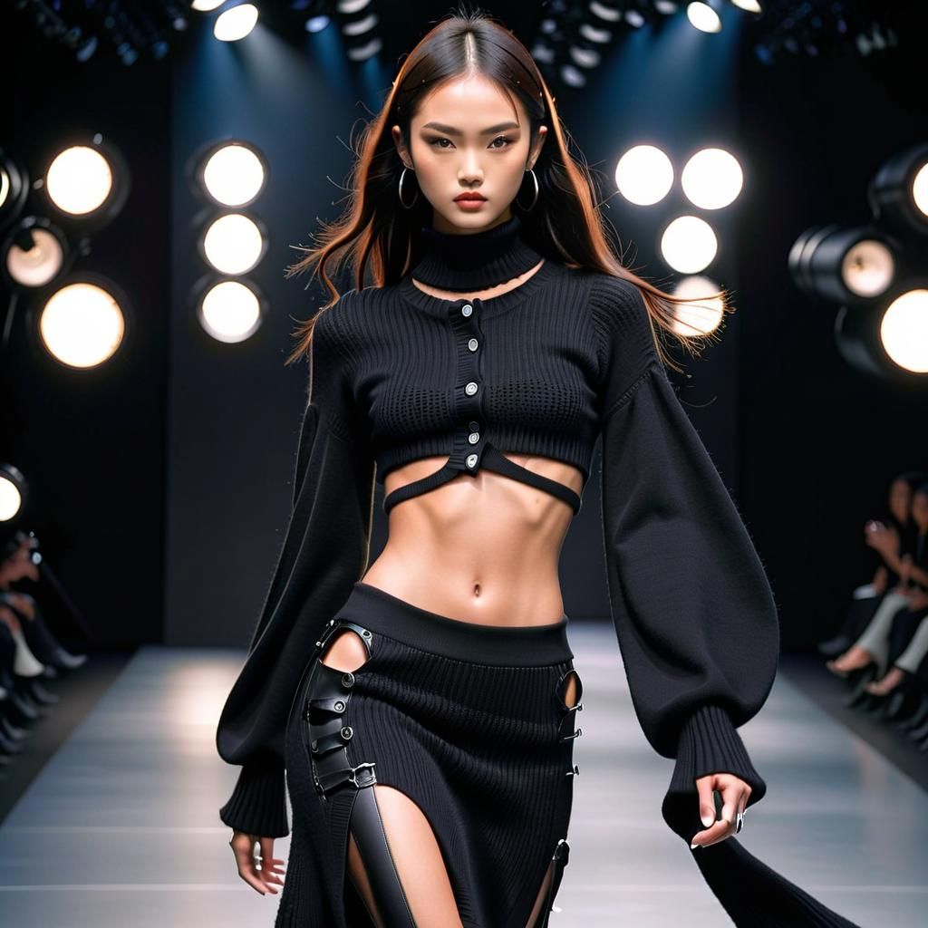 Y2K Japanese Model on Catwalk in Photographic Style