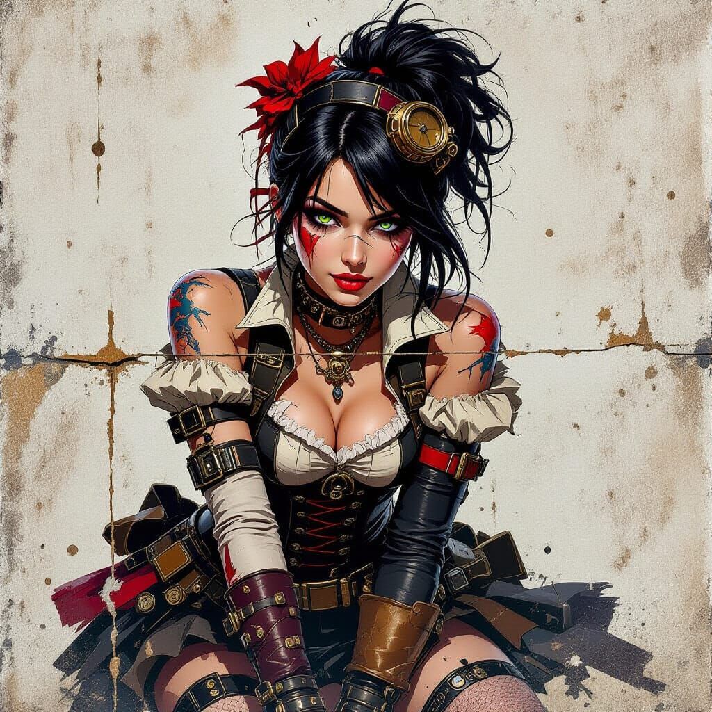 Steampunk Girl Portrait in Glitch Art Style