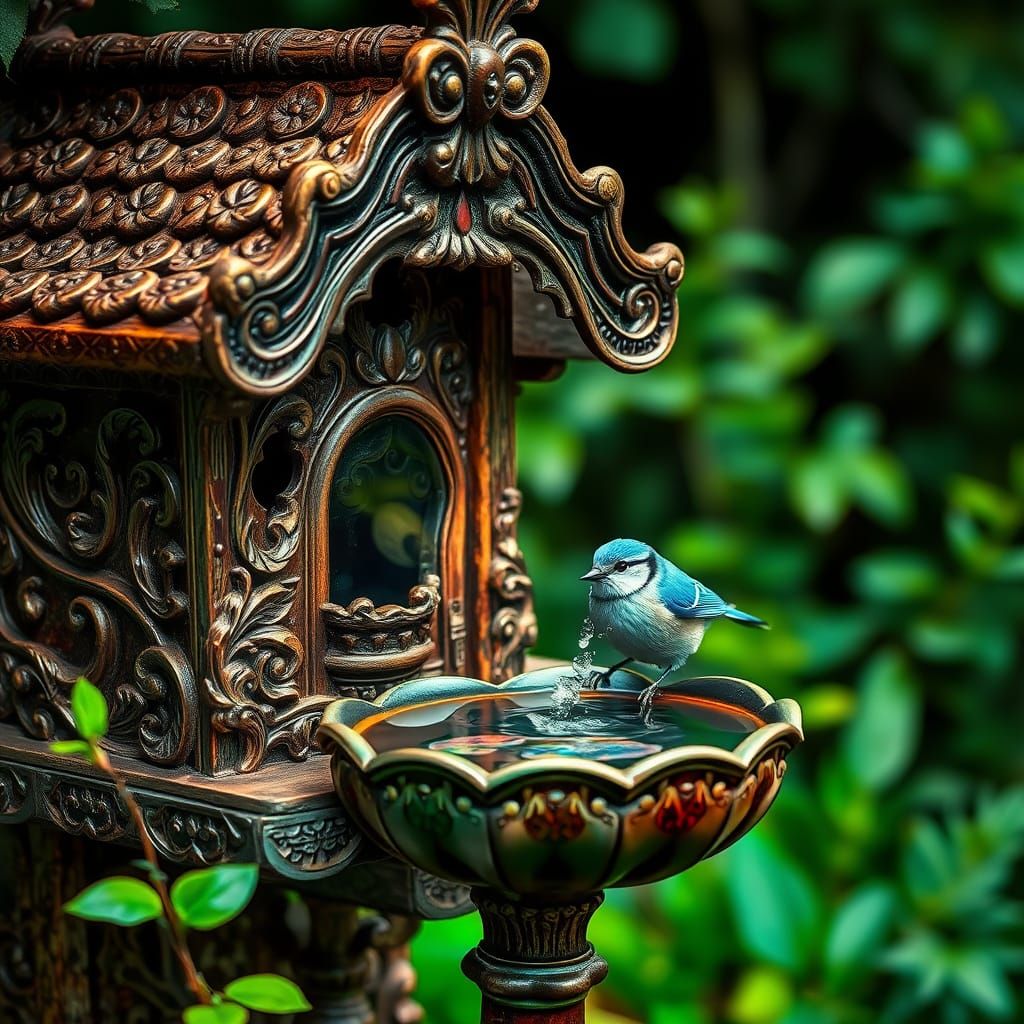 Ornate Birdhouse with Bird Bath in HDR