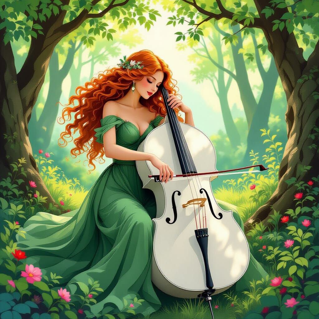 Girl with Cello in Art Nouveau Style Forest