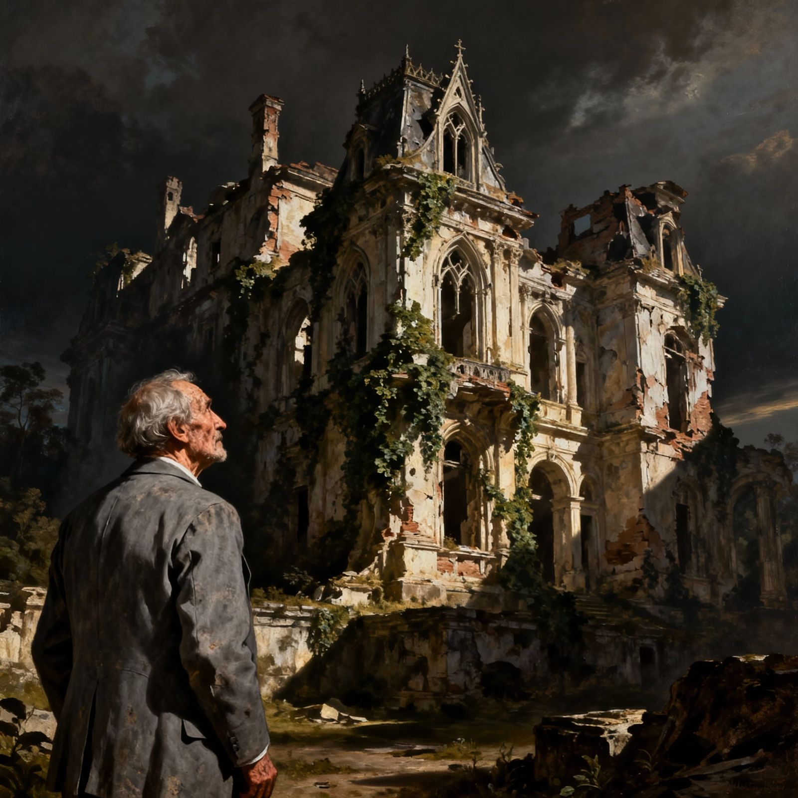 Old Man Views Colossal Crumbling Mansion