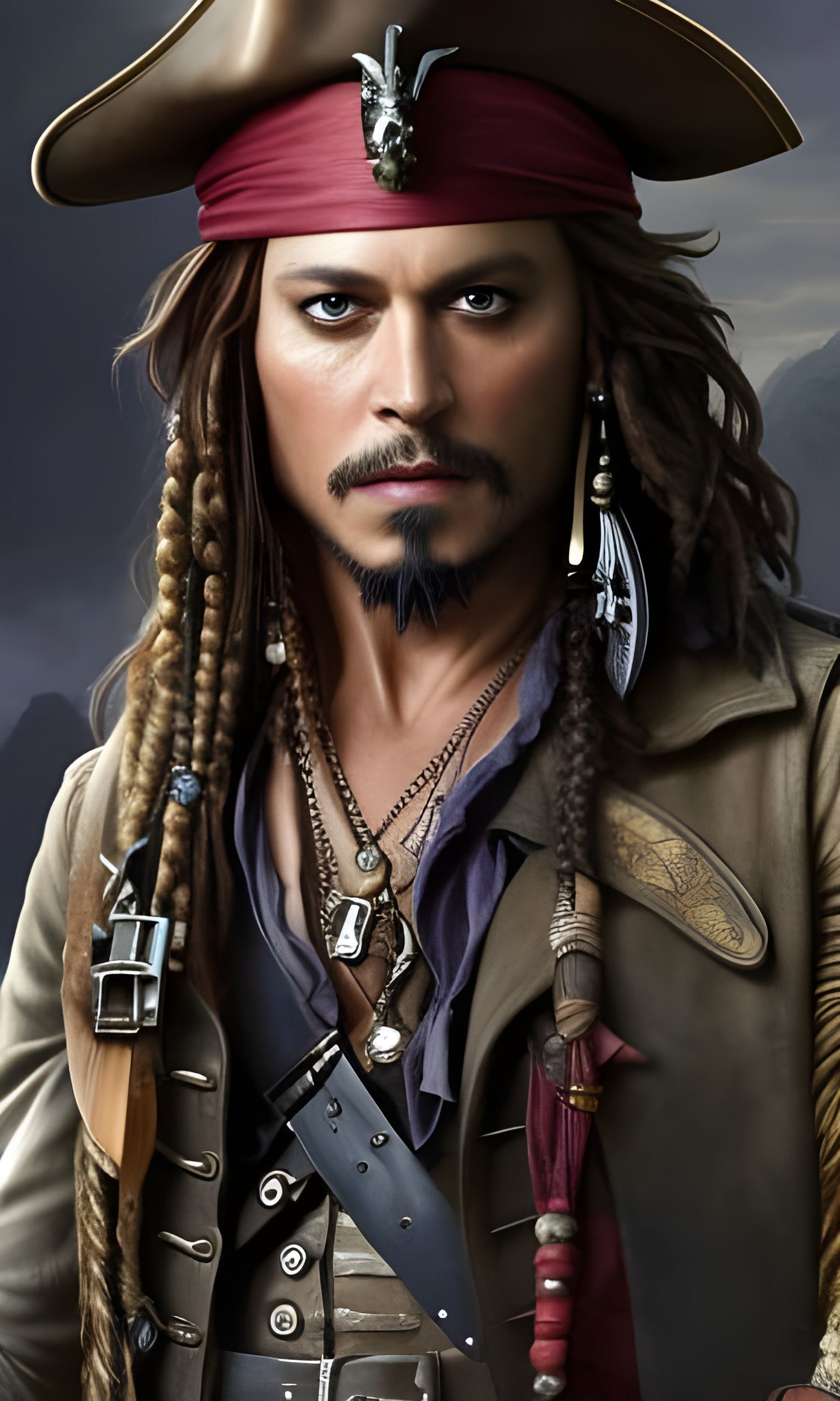 High definition ultra detailed portrait of a Johnny Depp as captain Jack Sparrow. Oil illustration by Greg Rutkowski, Ar...