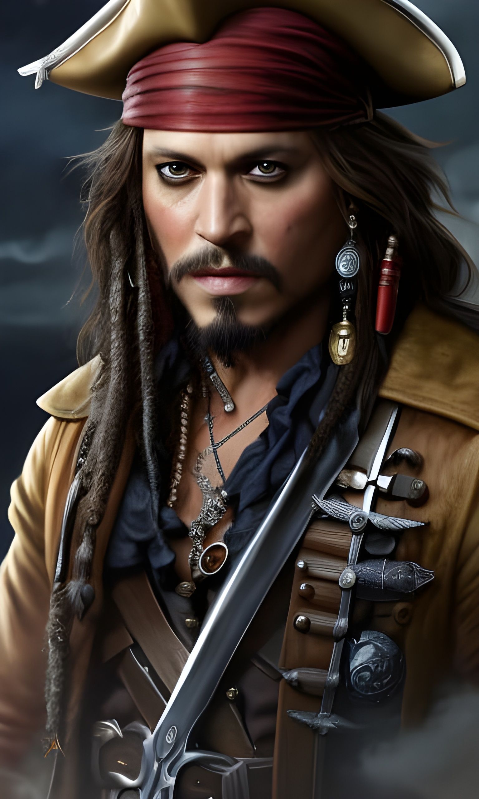 High definition ultra detailed portrait of a Johnny Depp as captain Jack Sparrow. Oil illustration by Greg Rutkowski, Ar...