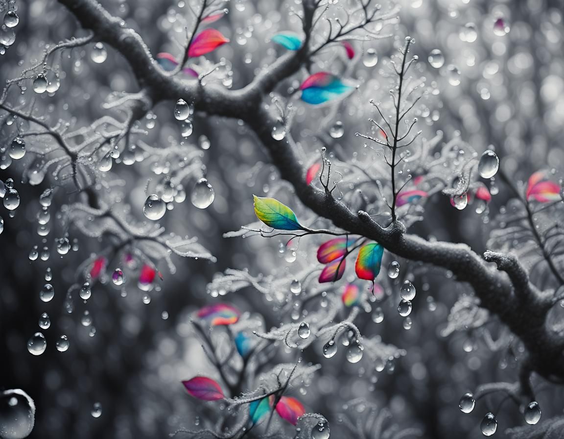 Rainbow Raindrops on Leaves: Monochromatic Illustration