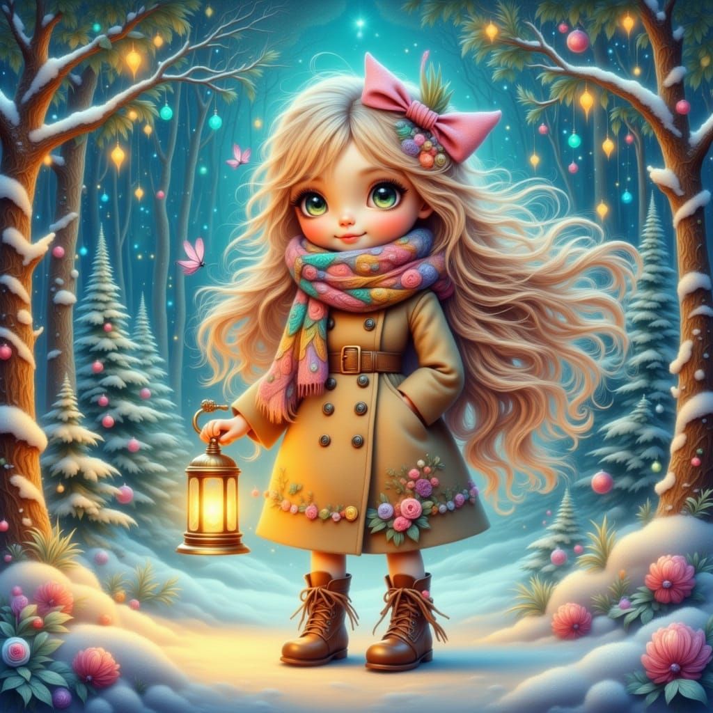 Whimsical Winter Girl in Enchanted Forest