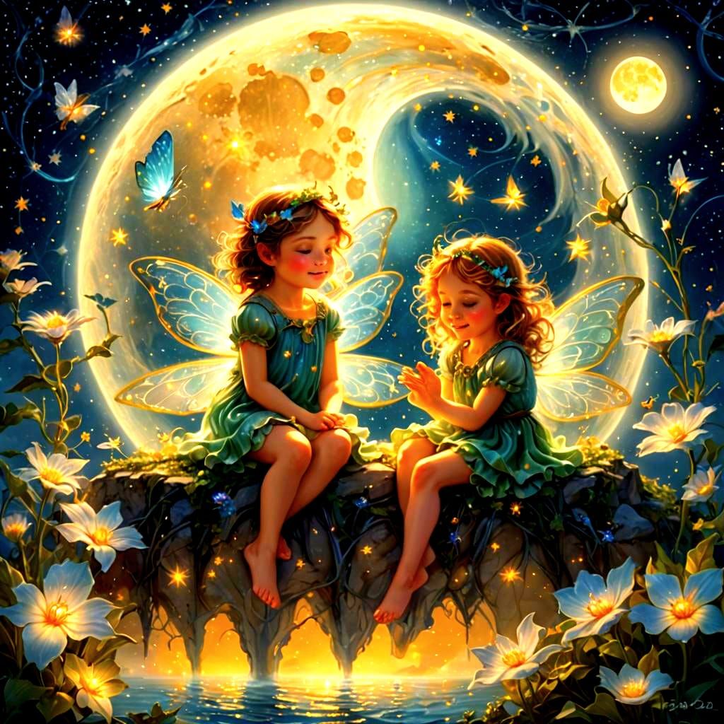 Fairies Sleeping on a Bioluminescent Moon in Galaxy