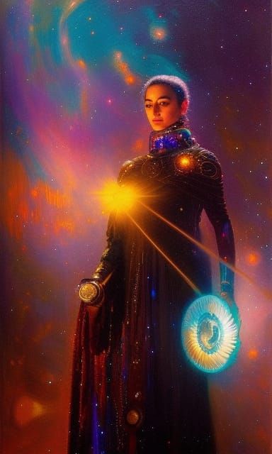 Cosmic Clockwork Portrait in Darksynth Style